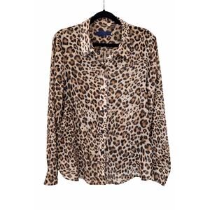 Leopard Print Sheer Blouse Womens Large Button Front Office Siren Workwear Top